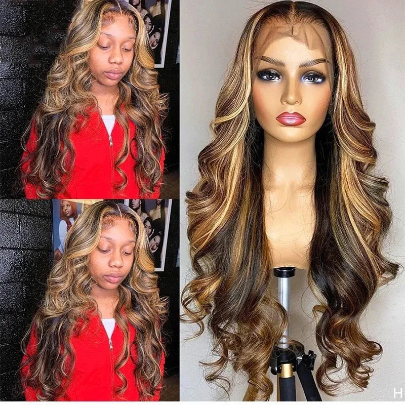 Front lace wig with 134 gradient colour transitioning to long curly hair with side bangs