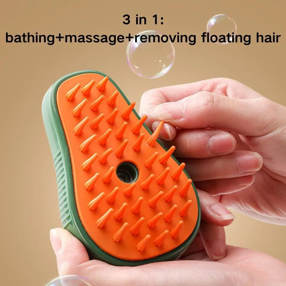 Green and white rechargeable cat steam brush with silicone teeth, shown with water spray function.