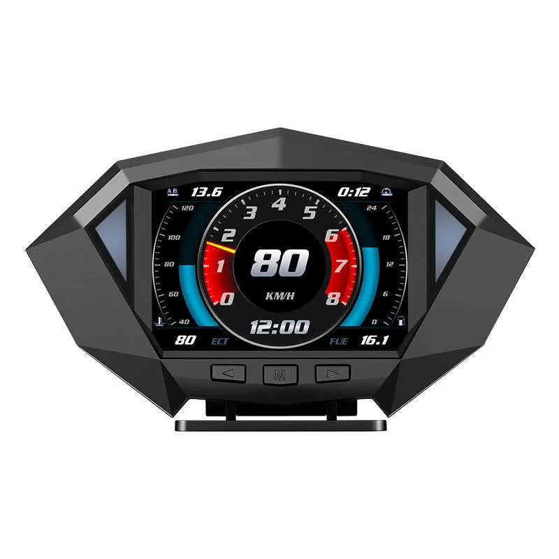 Black car HUD head-up display unit with LCD screen showing digital speed readout