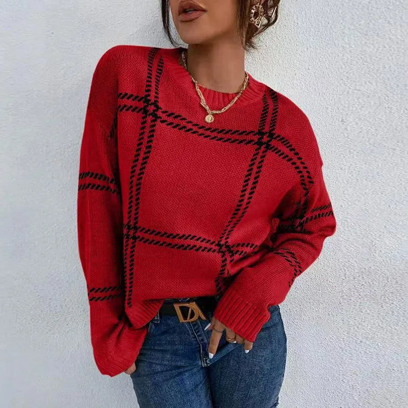 Women's casual plaid colour-block acrylic sweater with apricot, black, beige, red, and green stripes.