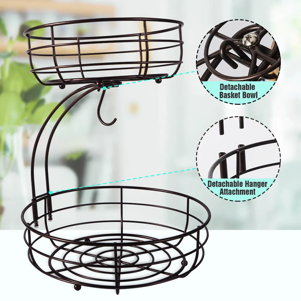 Black wrought iron double-layer fruit basket with 25cm diameter for kitchen storage