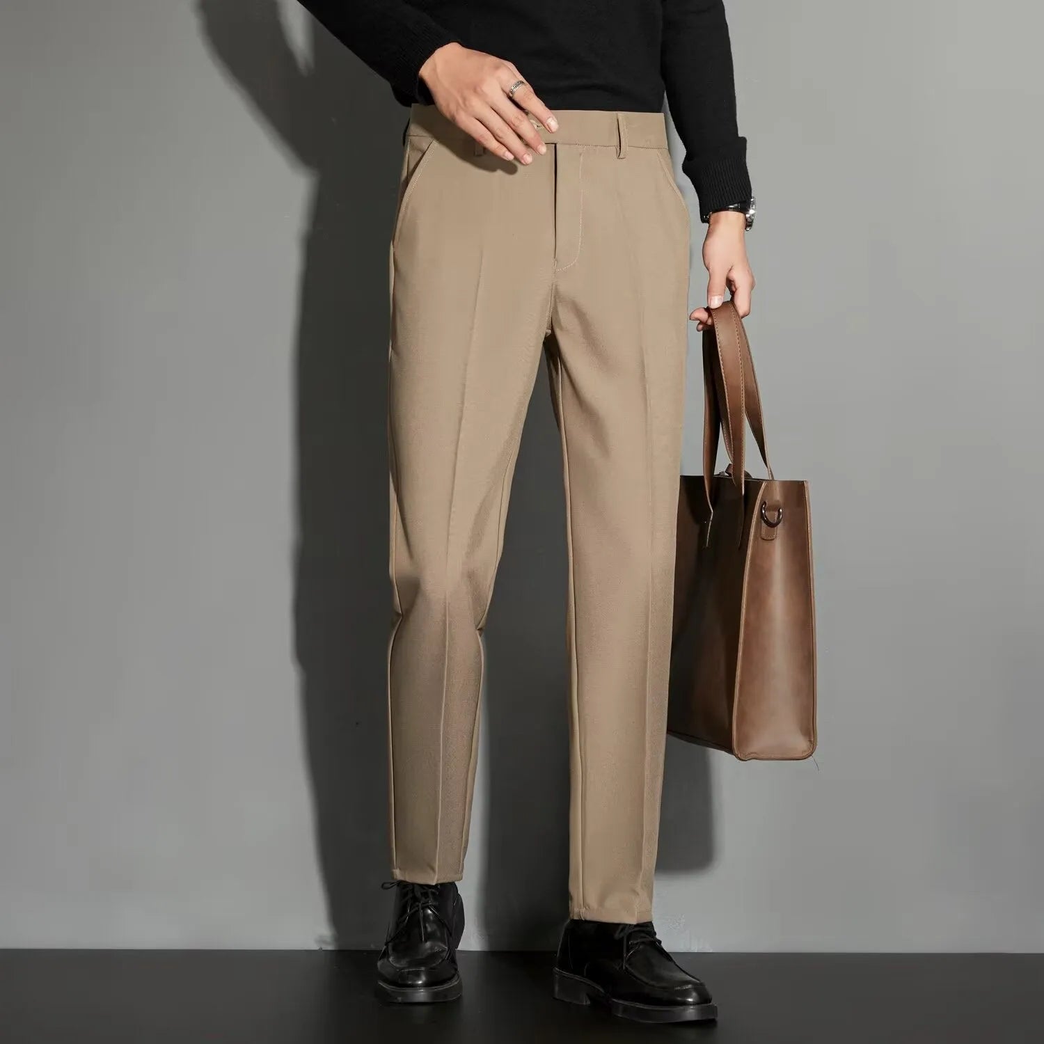 Men's straight leg suit trousers in chemical fibre blend with spring draping effect, shown in apricot colour