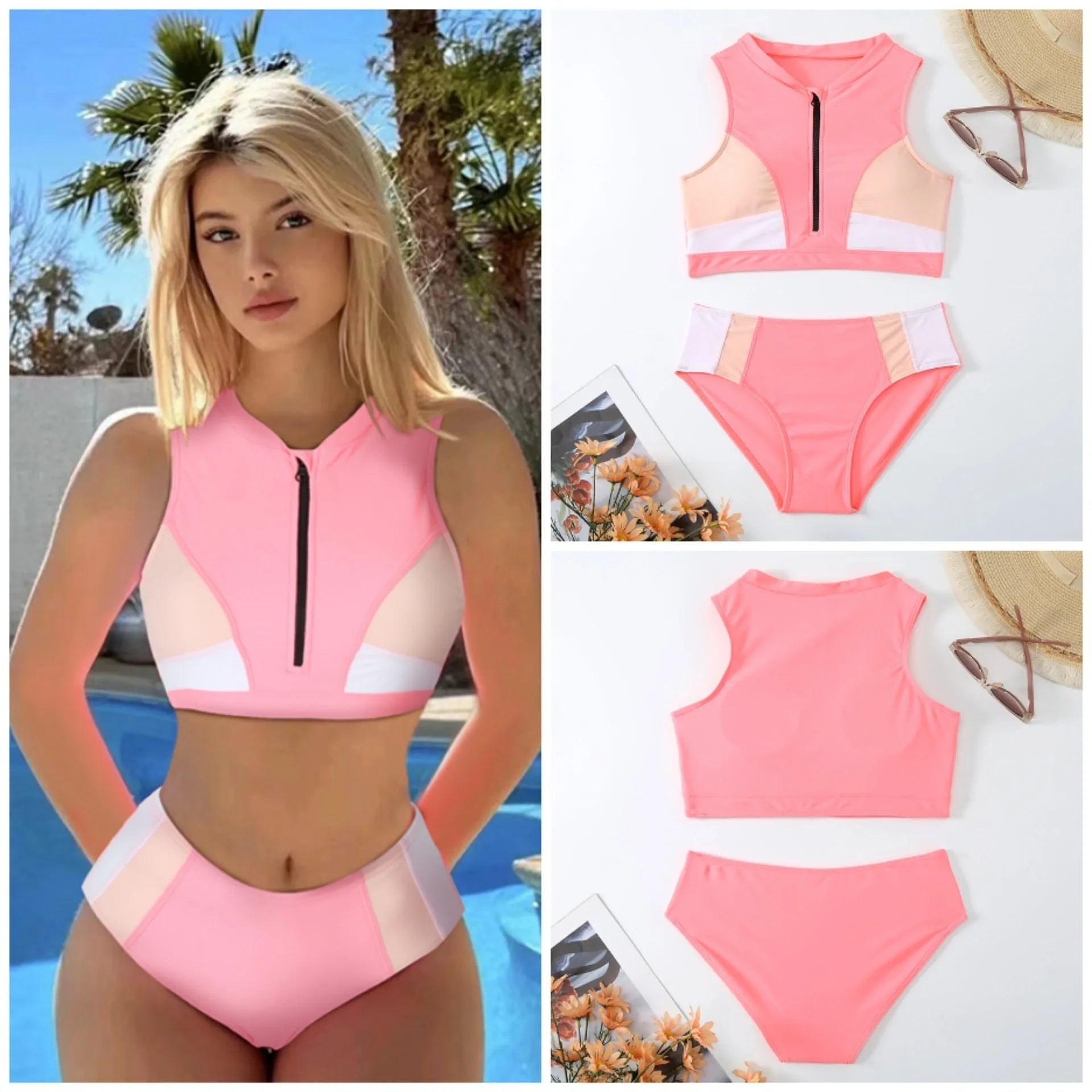 Pink high-waist split bikini swimsuit with brief styling and elastic nylon construction