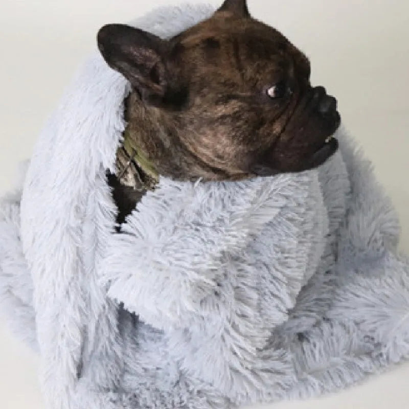 Soft long plush dog blanket in dark grey colour on a wooden floor