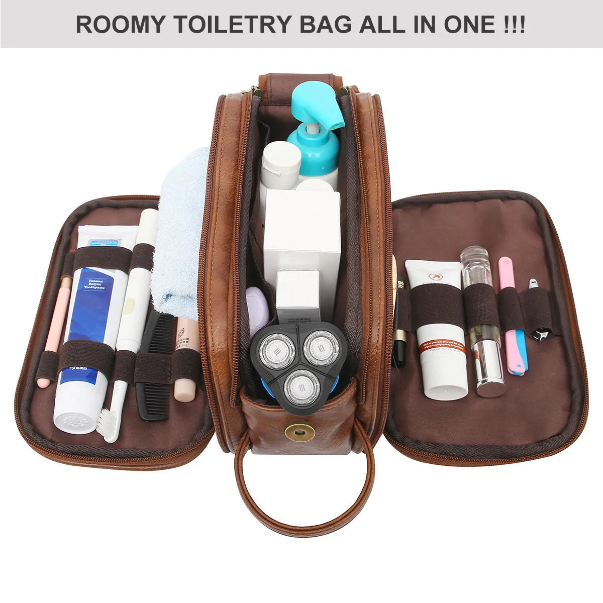 Men's black or brown PU toiletry bag for travel storage with solid colour design