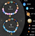 Natural stone bead zodiac bracelets showing twelve different astrology sign designs with adjustable closures