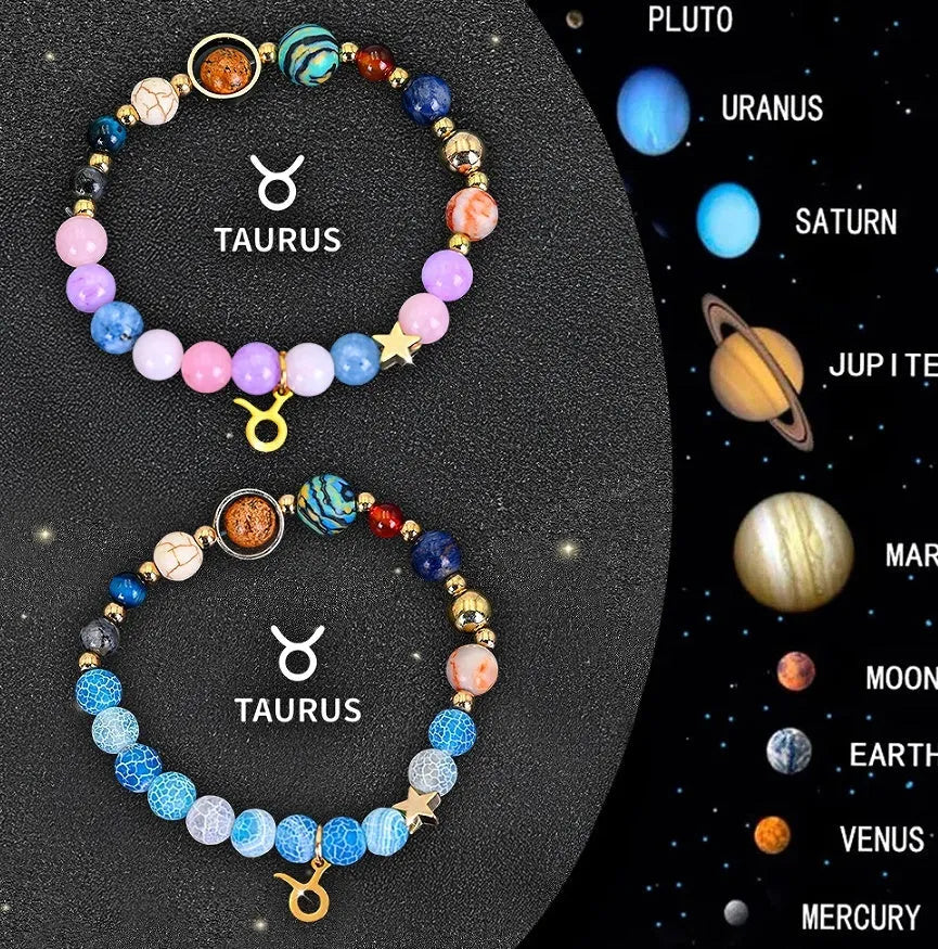 Natural stone bead zodiac bracelets showing twelve different astrology sign designs with adjustable closures