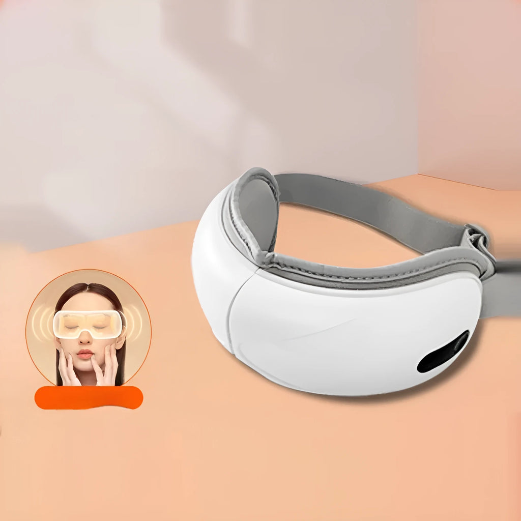 White rechargeable eye massager with airbag compression and heat therapy functions