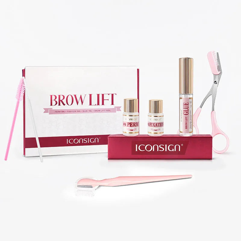 Pink eyebrow quick ironing applicator and complete eyebrow perm set in organised suit-style packaging