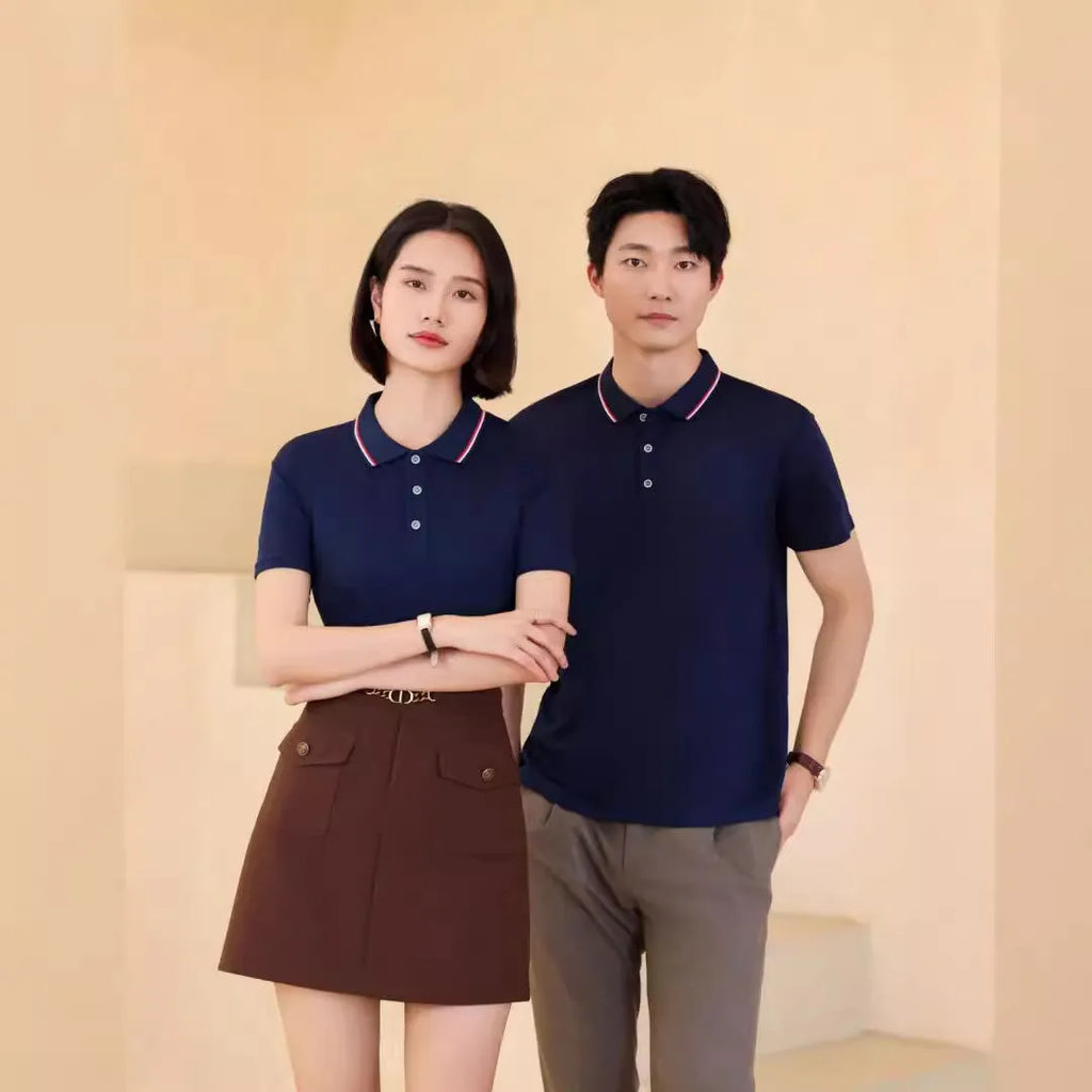 Men's and women's short sleeve work T-shirt in cotton blend with lapel collar, solid colour, front view