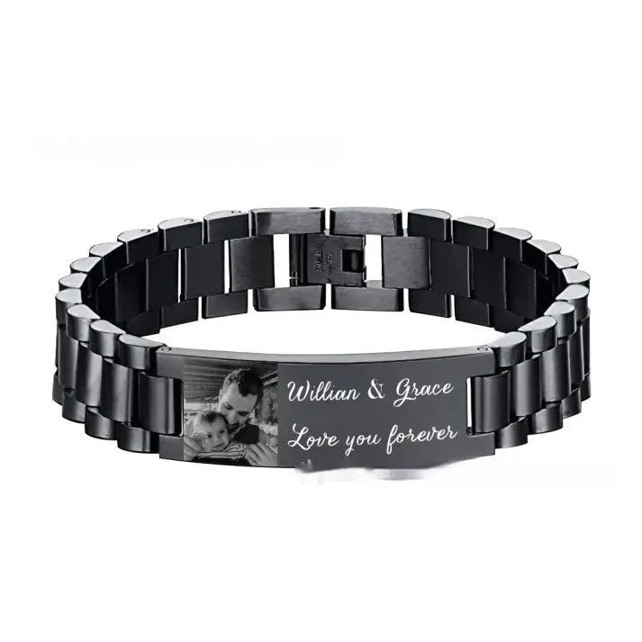 Titanium steel lettering bracelet with curved heart shape design showing black engraved lettering