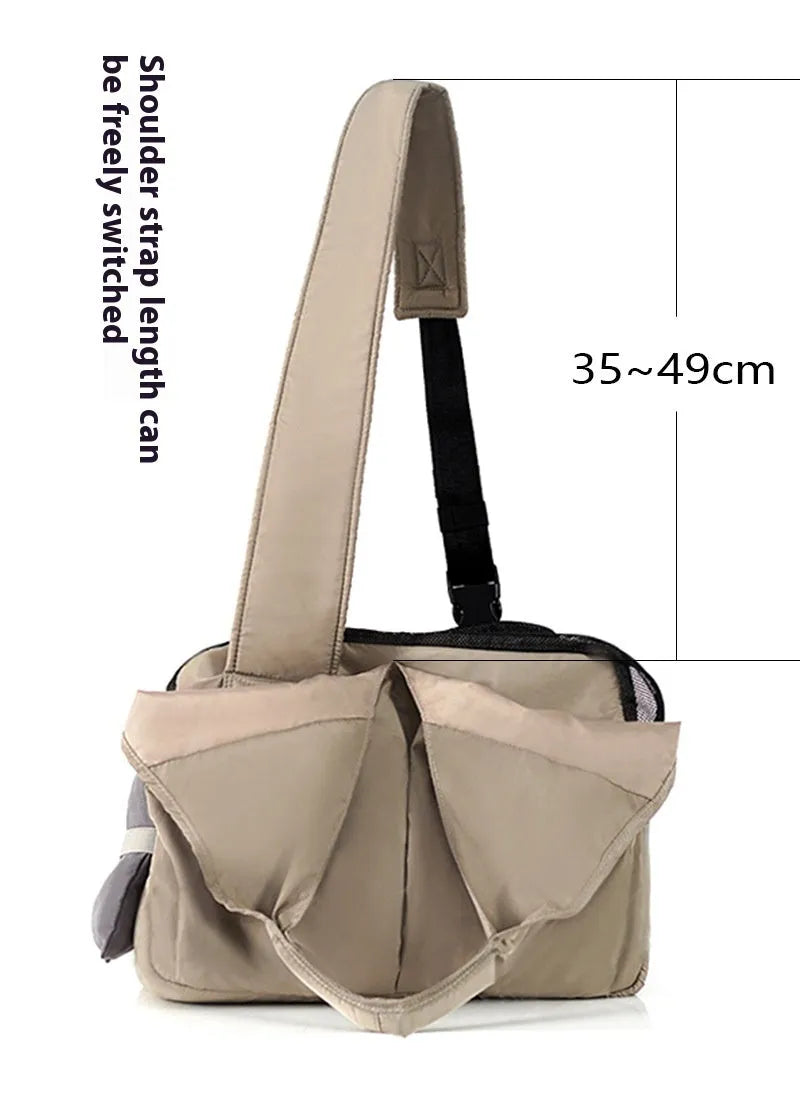 Apricot cloth pet carrier bag measuring 41cm length 16cm width 28cm height