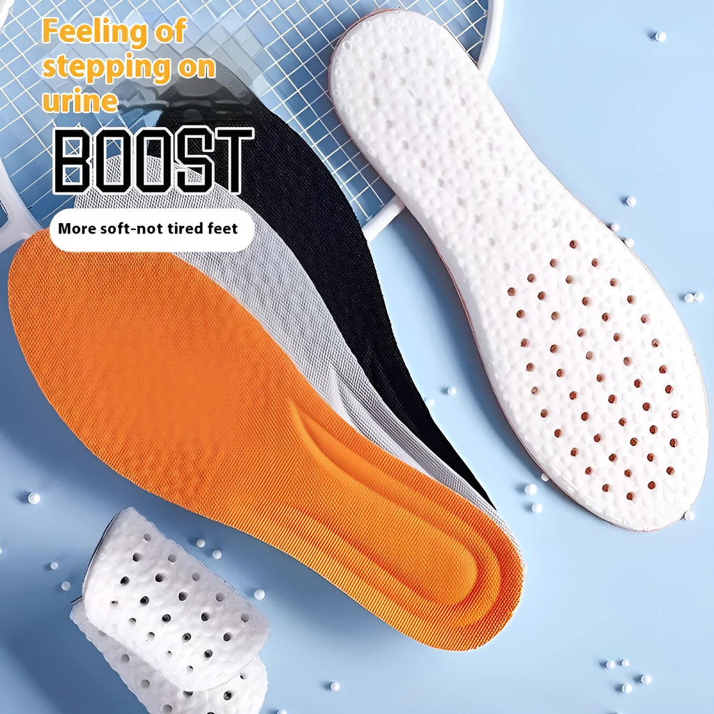 Grey, black, and orange breathable PU foam sports insoles that can be cut to fit shoe size.