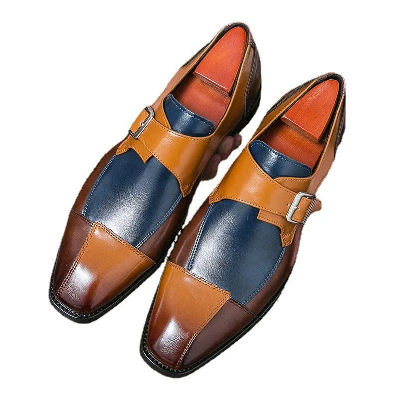 Men's brown blue retro buckle casual shoes with tall crown and microfiber upper.