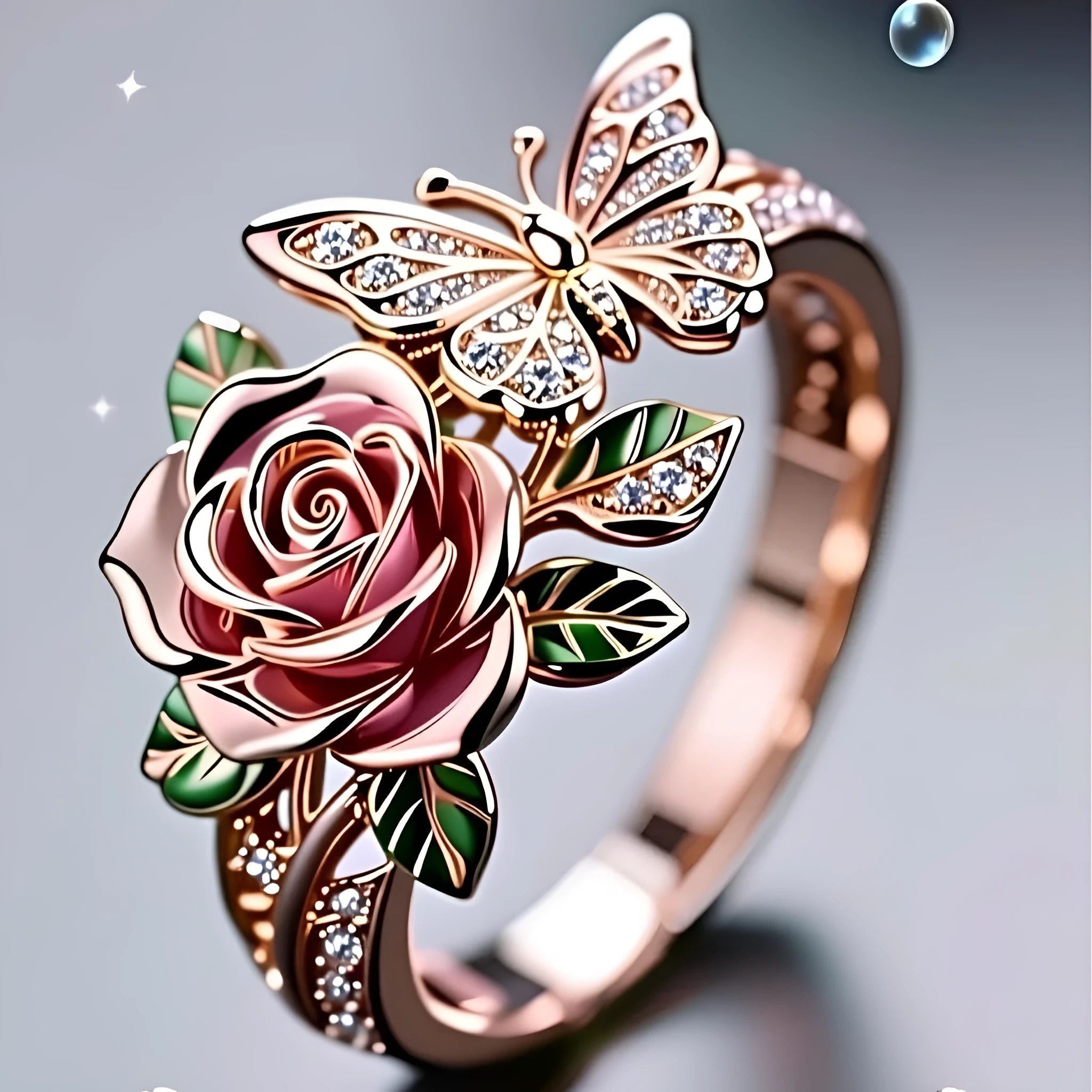 Adjustable colourful butterfly ring with oil drip finish and rose leaf details on alloy band