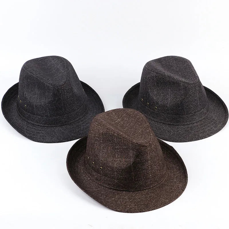 Thickened fedora hat for men in classic colours on a hat stand, showing the structured brim and crown.