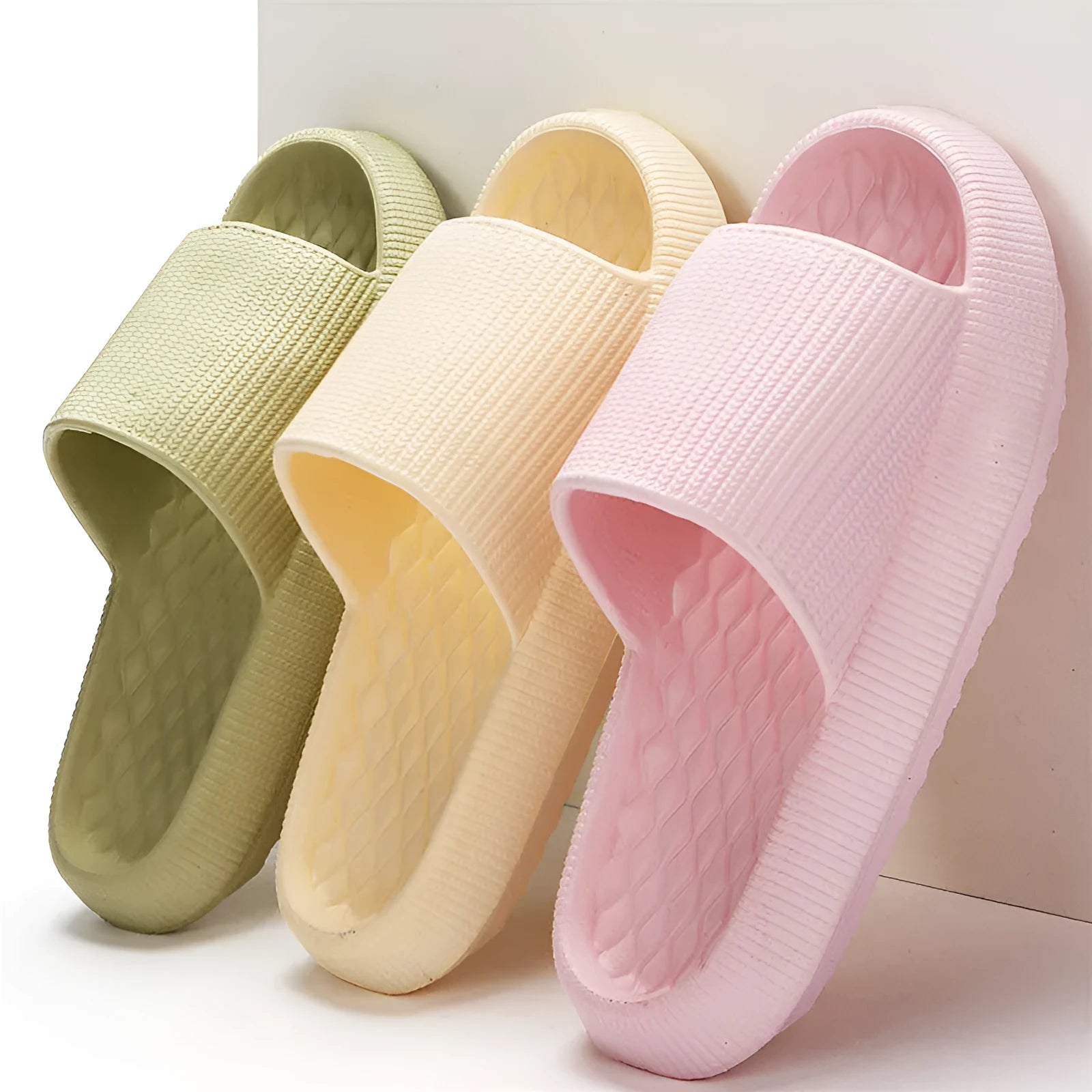 Solid colour summer EVA anti-slip slippers with rhombus stripe design in pink, yellow, khaki, black, white, grey, green