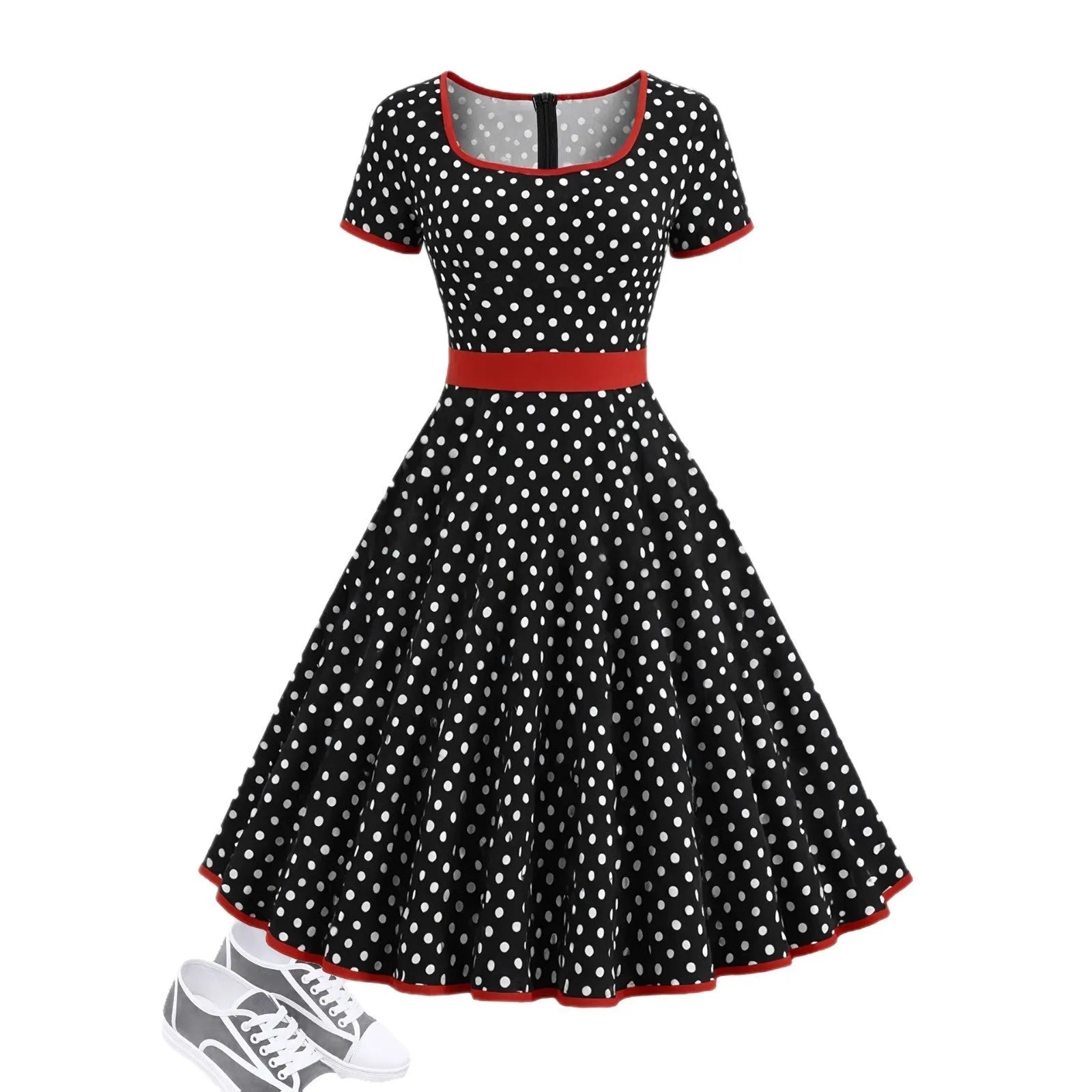 Square collar short sleeve polka dot dress with pleats and a zip on a mid-length skirt.