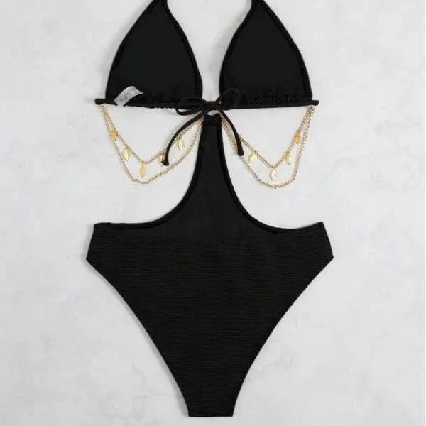 Women's black bikini swimsuit with chain design detail showing front view