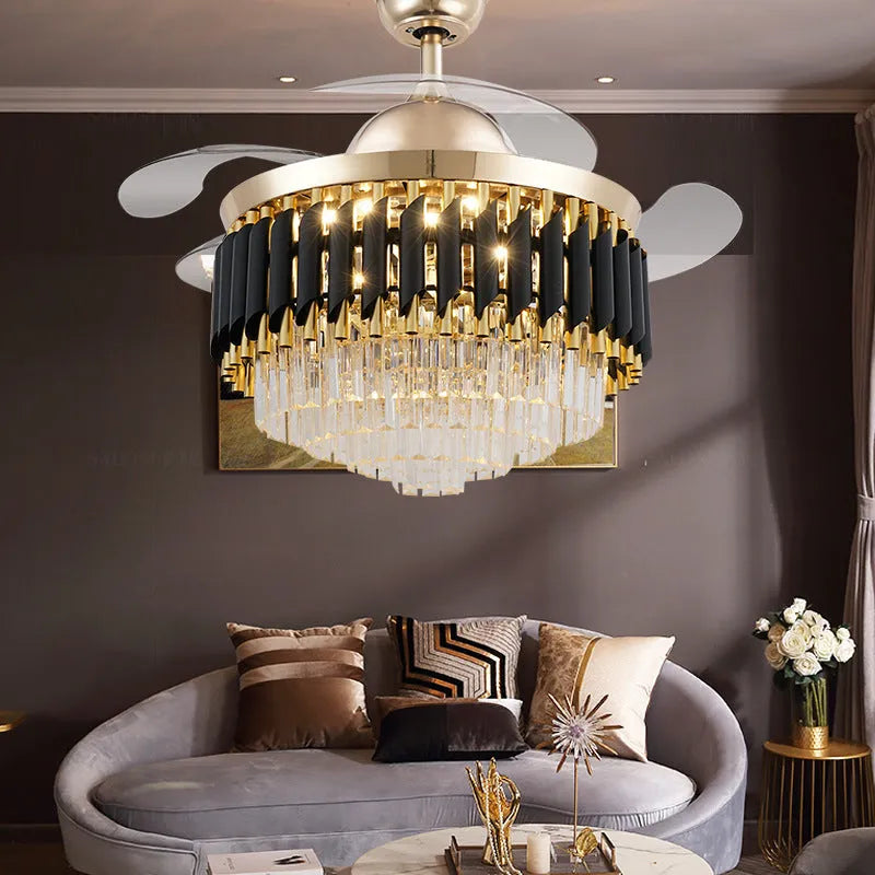 Crystal chandelier ceiling fan light with remote control in 42-inch or 48-inch sizes