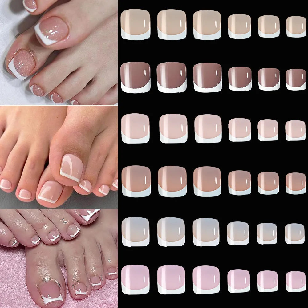 120 piece box of French white edge nude artificial toenails in nine shades, square short shape for toes.