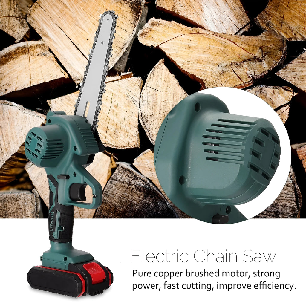 Black mini electric chainsaw with 4-inch chain, one-hand grip design for portable logging