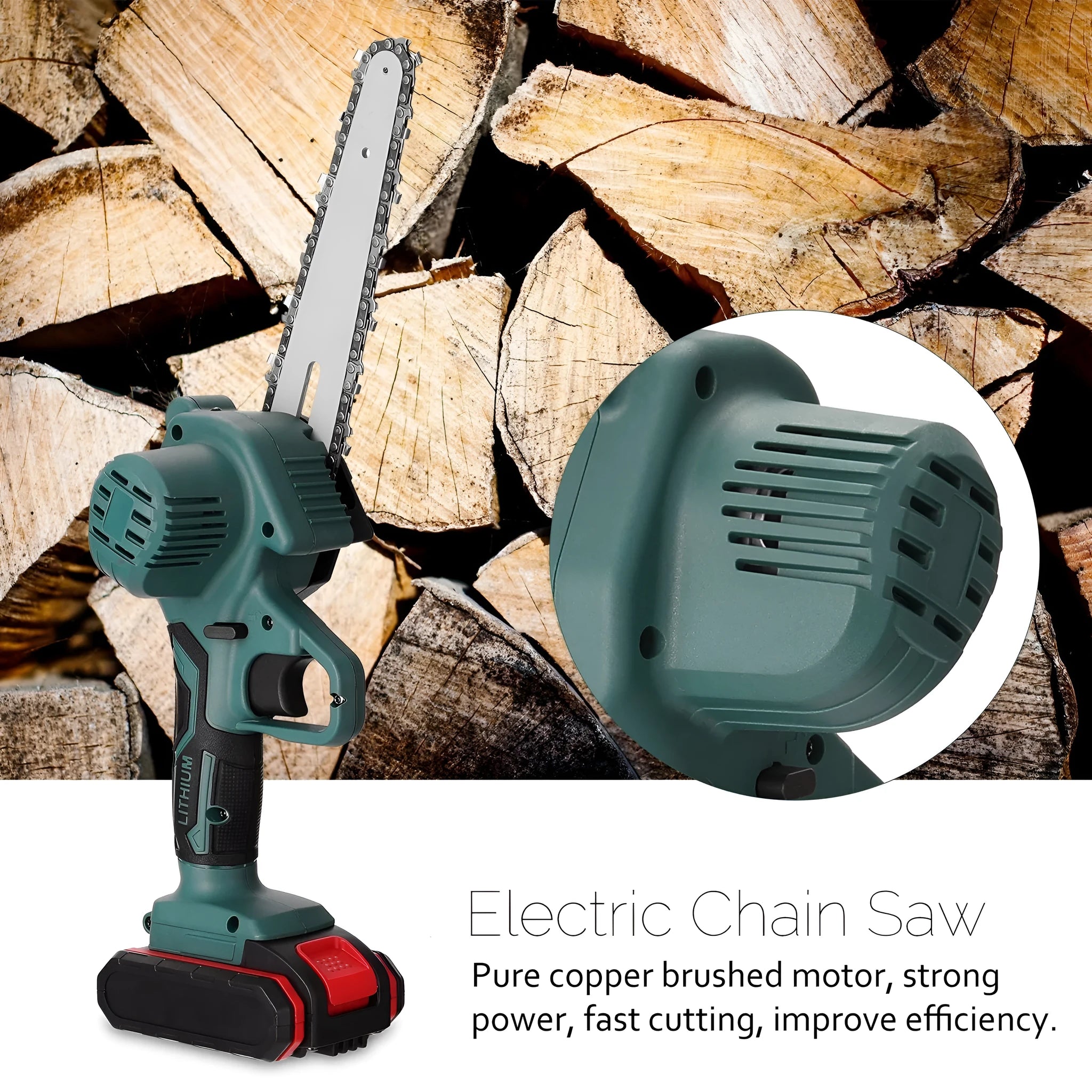 Black mini electric chainsaw with 4-inch chain, one-hand grip design for portable logging