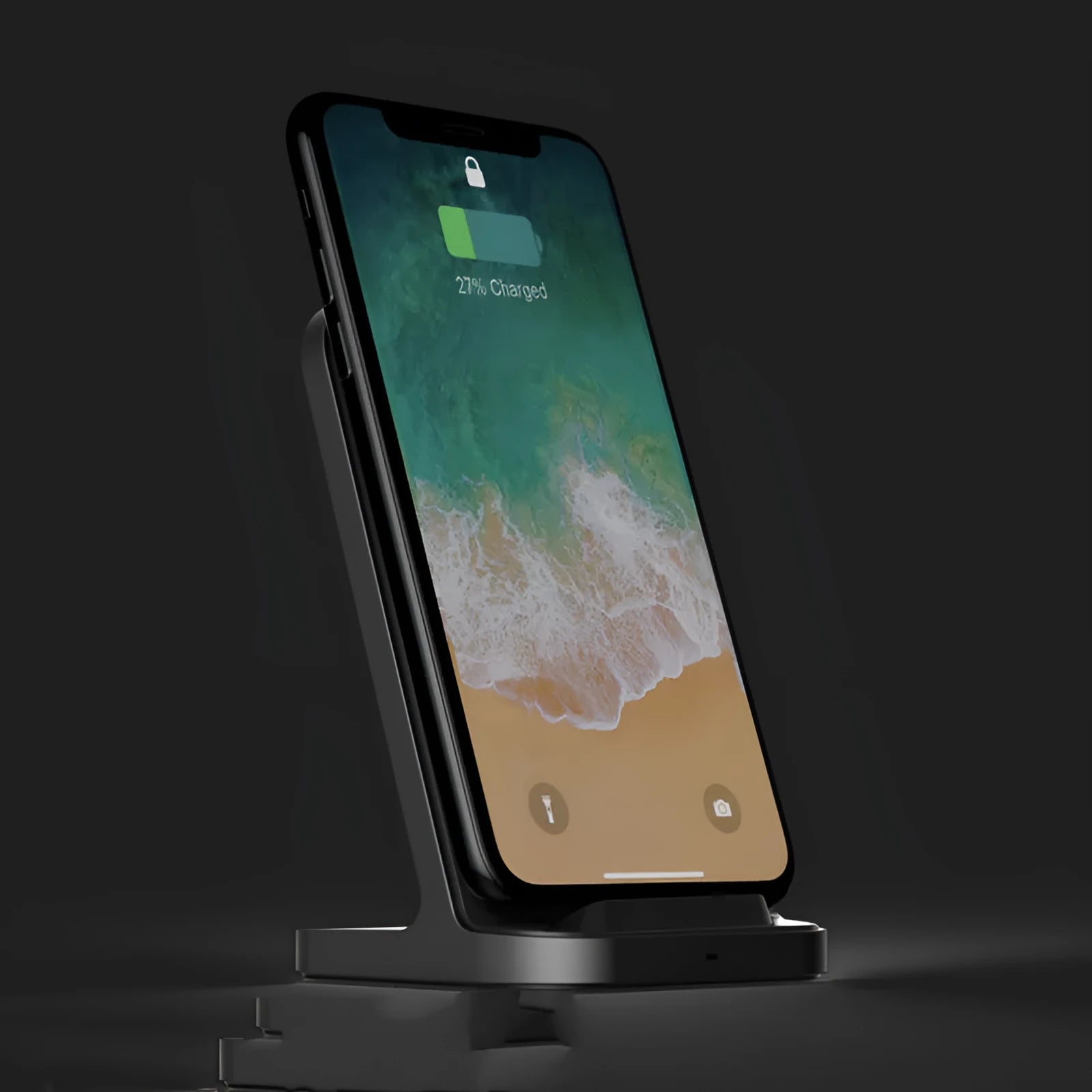 Dark grey vertical wireless charging stand for smartphones on desktop