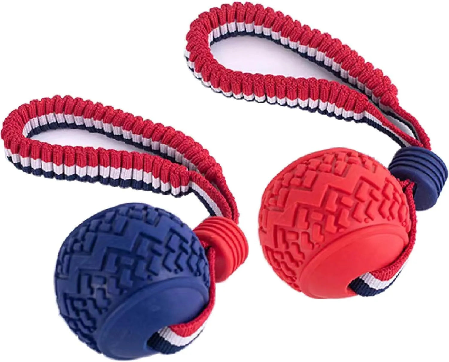 Blue dog ball with attached rope toy for small medium dogs showing textured surface