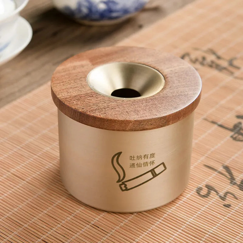 Brass retro ashtray with a wooden lid, available in black or rosewood finish.