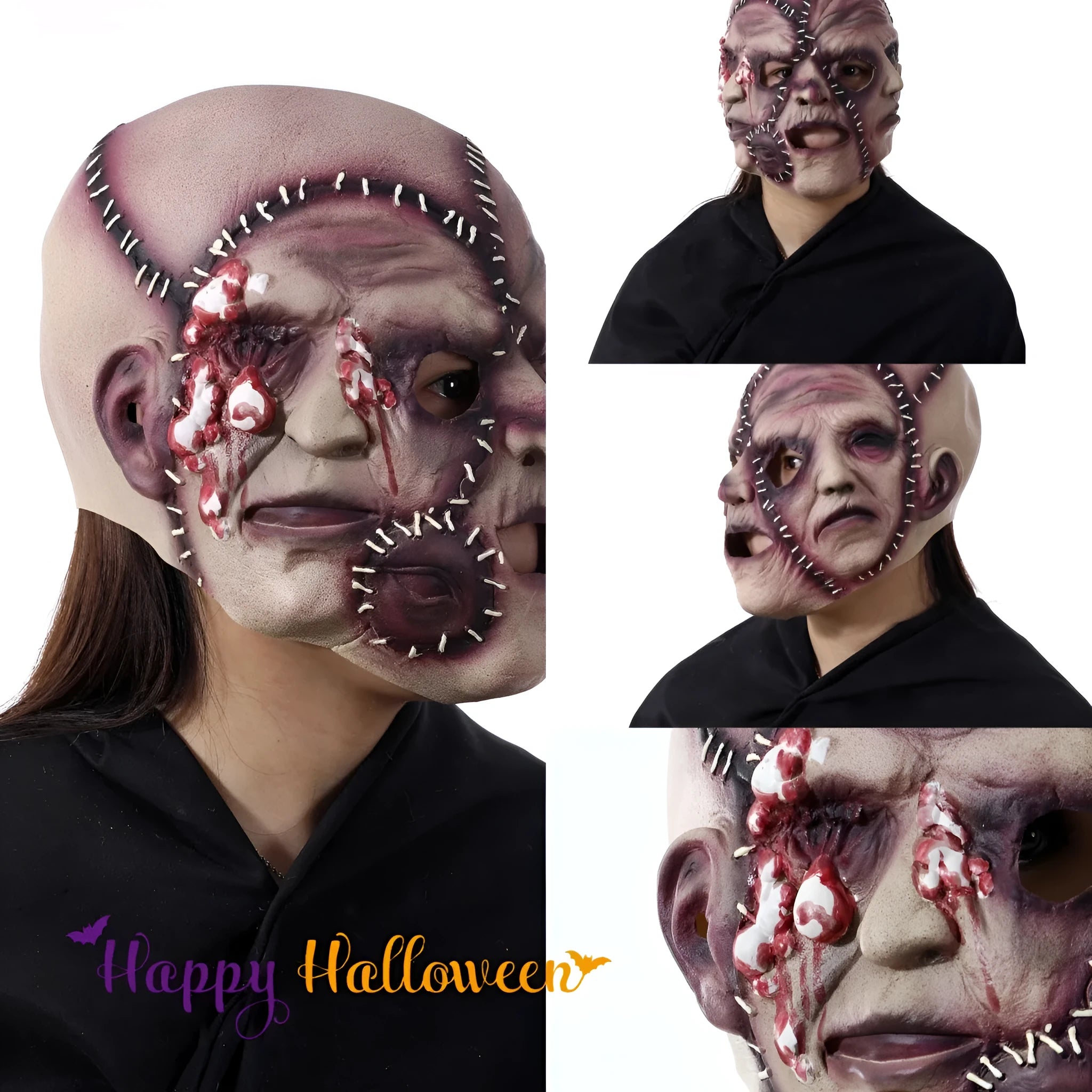 Three-sided grimace horror Halloween mask showing detailed latex texture and facial expression