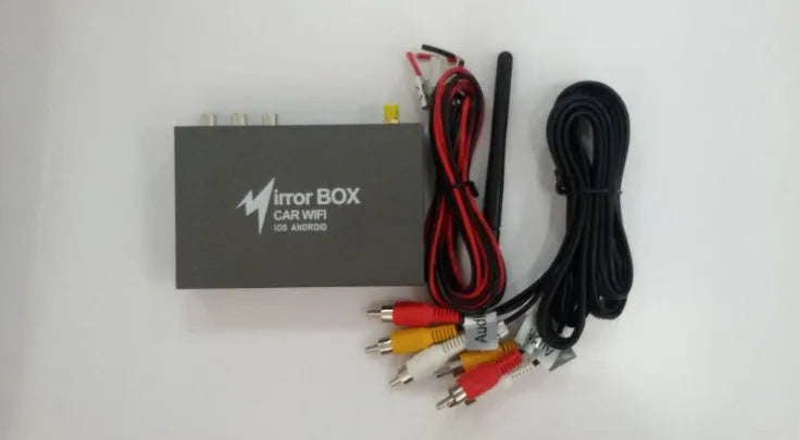 Black car Wi-Fi mirror converter box with cables for smartphone and tablet connectivity to vehicle entertainment systems
