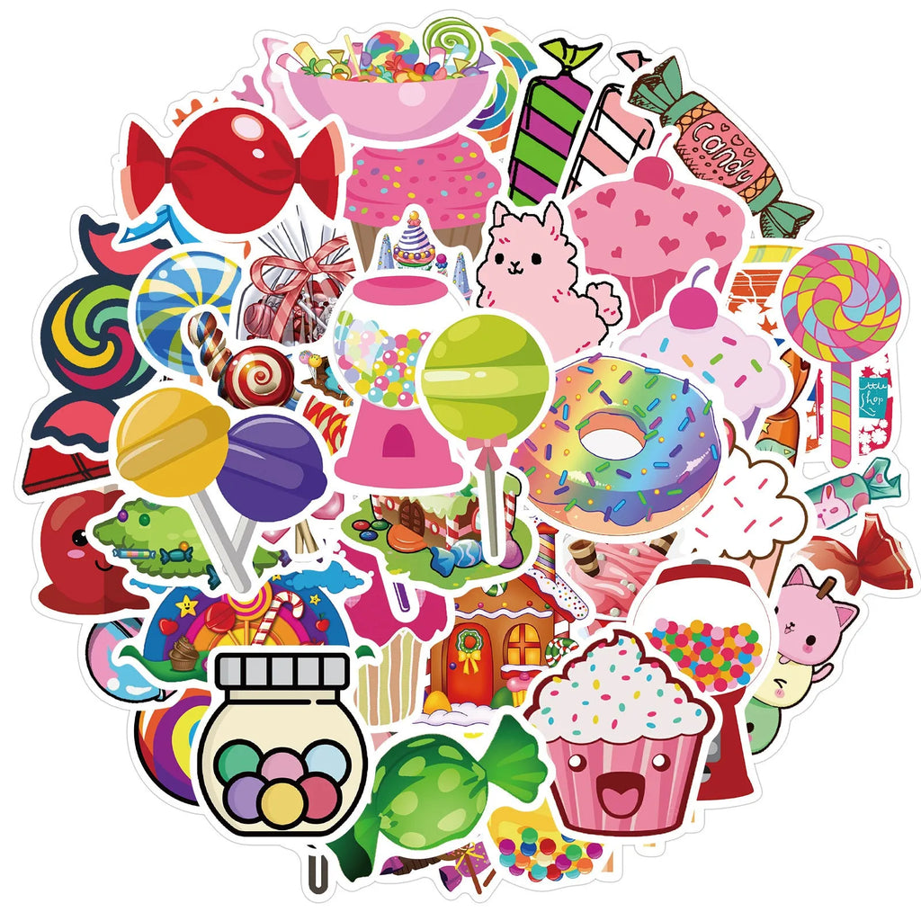 Pack of 50 colourful candy graffiti cartoon stickers measuring 4-6cm on pink background