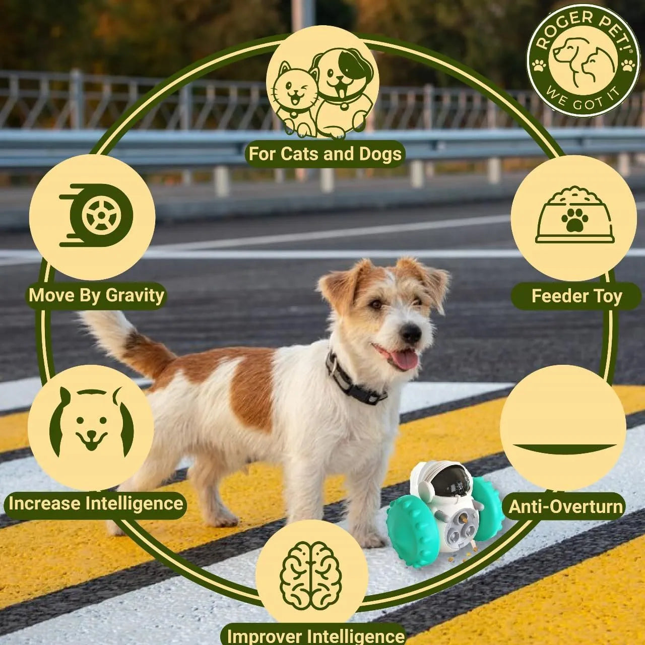 Pet tumbler treat dispenser toy in robot style with self-balancing system for small dogs and cats