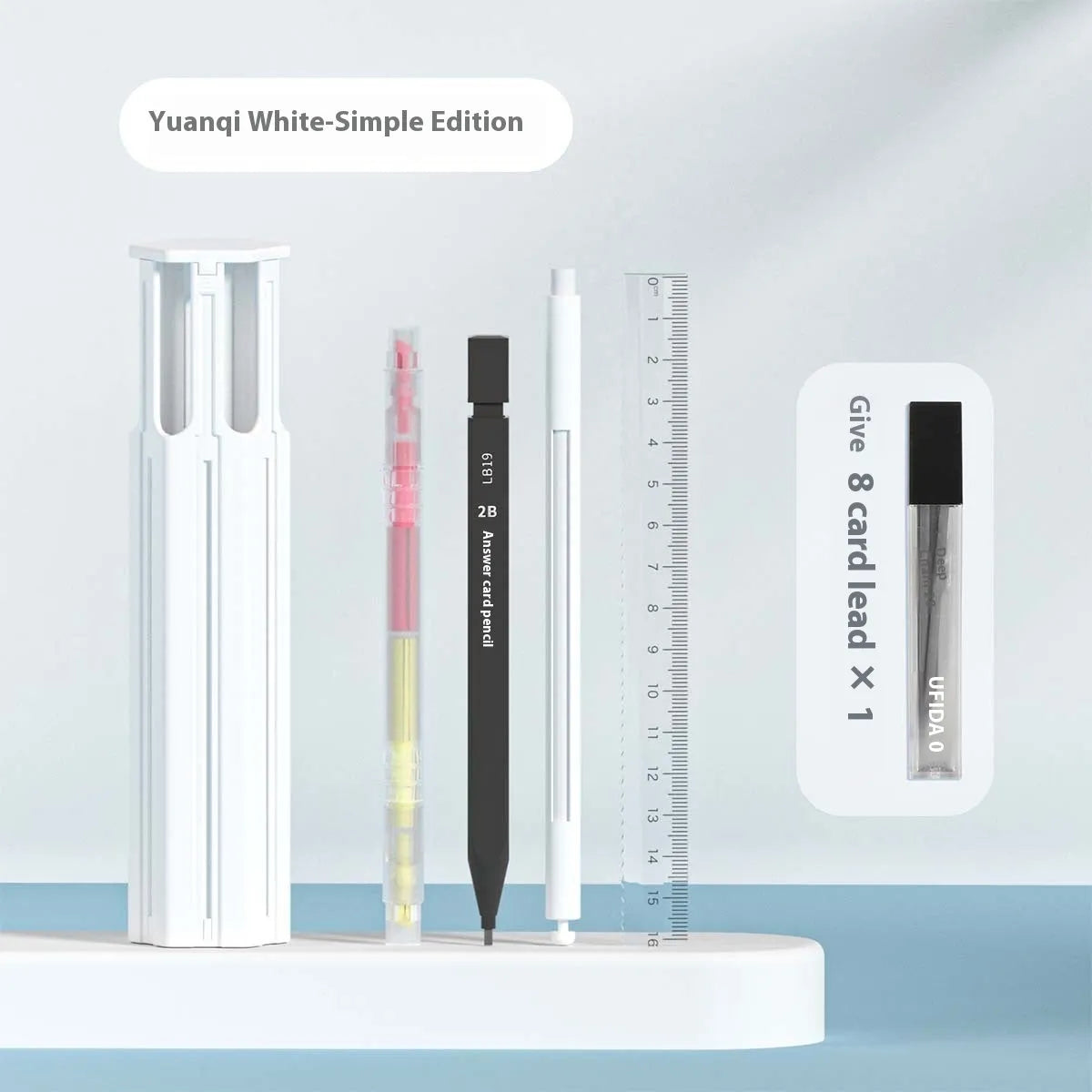 Plastic pencil box kit for six or sixteen pens in sky blue, white, or pink colours