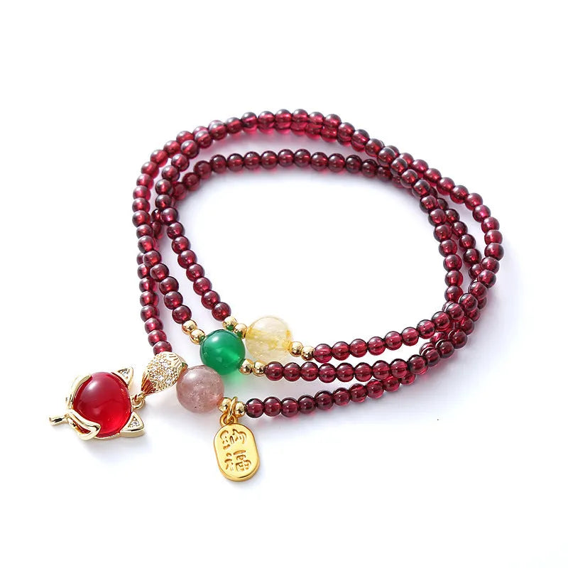 Purplish red garnet fox charm bracelet with adjustable rope for women