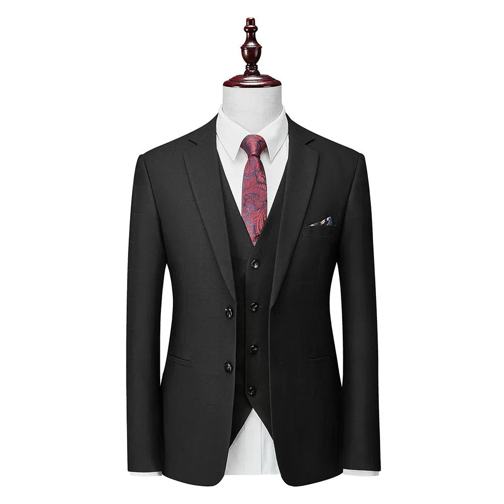 Men's navy blue plaid slim fit three-piece suit with vest, jacket, and trousers on a hanger.