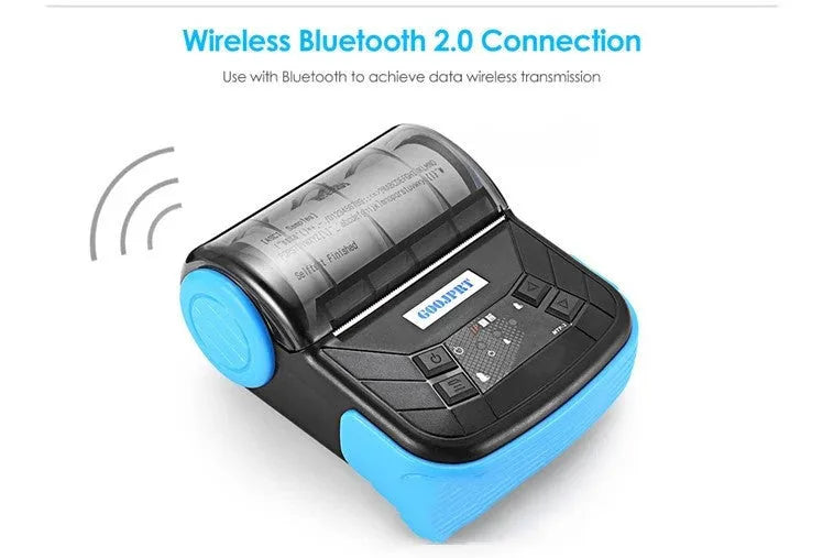 Thermal Bluetooth handheld bill printer with 80mm paper roll and charger, available with UK plug
