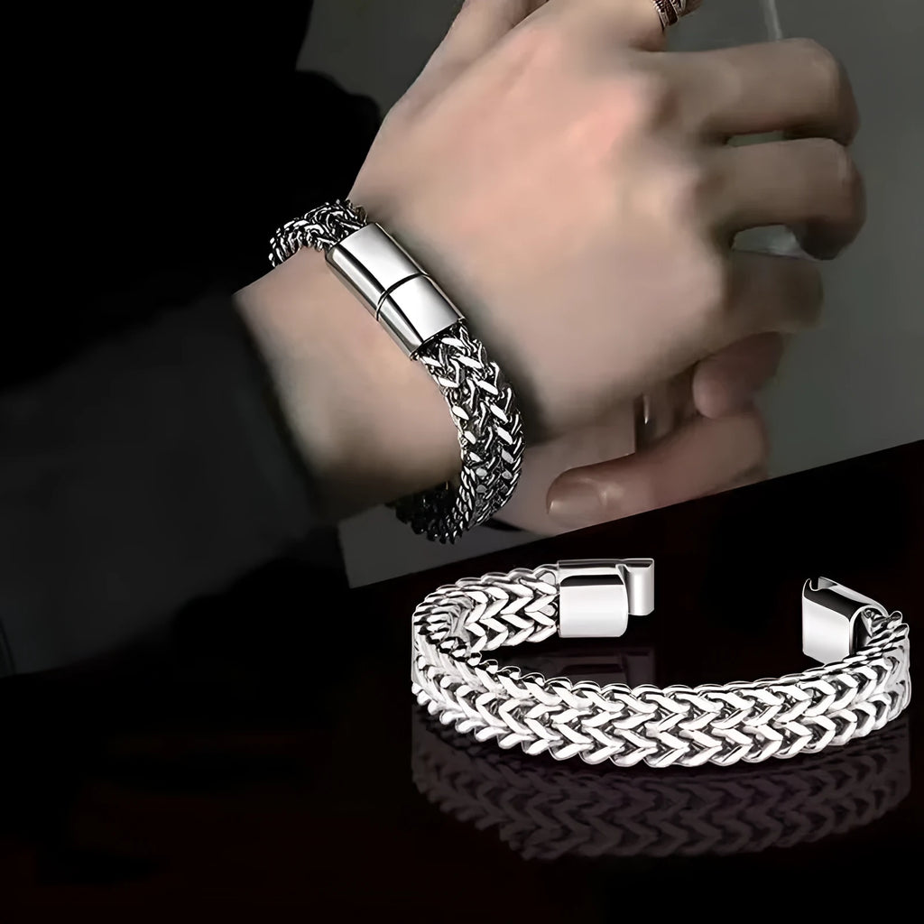 Silver stainless steel men's bracelet with geometric links, showing hip hop style on a wrist.