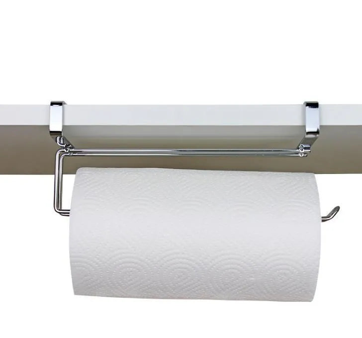 Silver stainless steel towel rack for hanging on the back of a kitchen cabinet door
