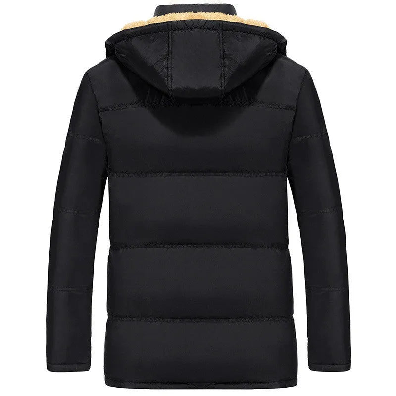 Men's black velvet padded winter jacket with hood and double-breasted front