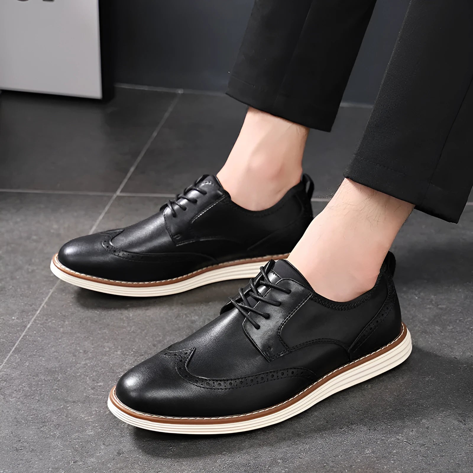Men's black slip-on business casual shoes with round toe and TPR soles