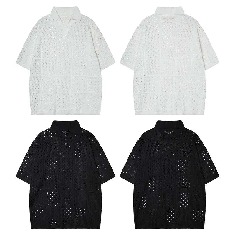 Short-sleeved knitting polo shirt with solid colour hollow design, loose cardigan style