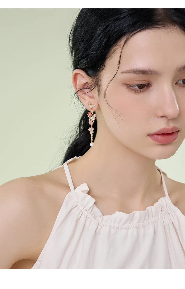 Butterfly flower detachable multicolor zircon pearl earrings with 925 silver needle stud or spiral clip on environmentally friendly brass