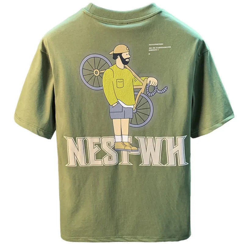 Green men's loose-fit T-shirt with a printed Literary Youth graphic on the front.