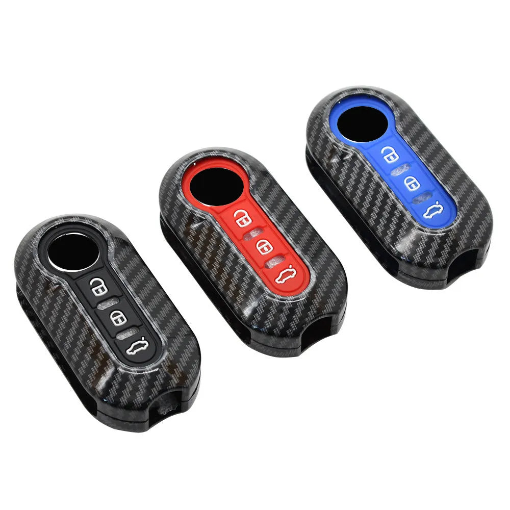 Fiat 500 car key replacement case in black, red, and dark blue colours showing carbon fibre pattern