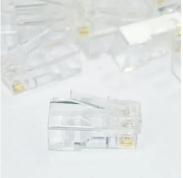White RJ45 network modular plug with gold-plated three-fork contacts, 1000-piece bulk pack