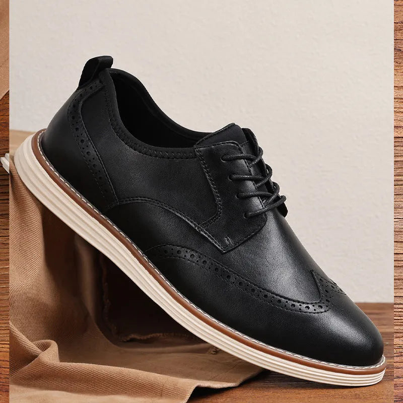 Men's black slip-on business casual shoes with round toe and TPR soles