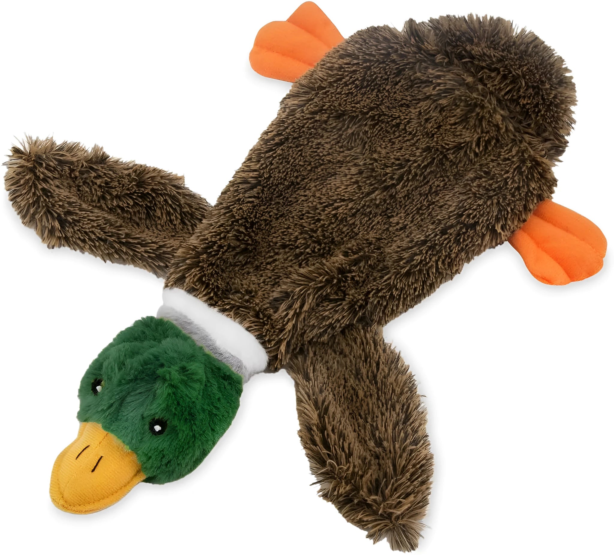Green Wild Duck stuffless dog toy with squeakers showing bottle insertion cavity at bottom