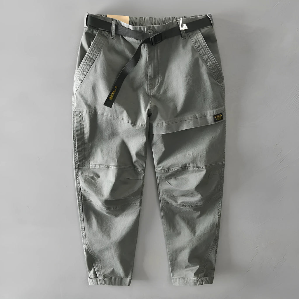 Men's casual Japanese overalls in cotton with elastic fabric, shown in khaki, black, light grey, and army green colours